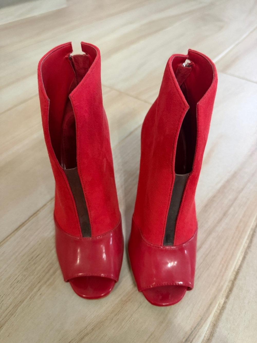 Guess Red Suede & Patent Peep-Toe Ankle Boots